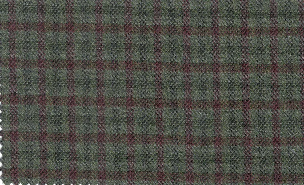 Devonshire Tweeds 30033-195 Olive w/ Red Check fabric swatch