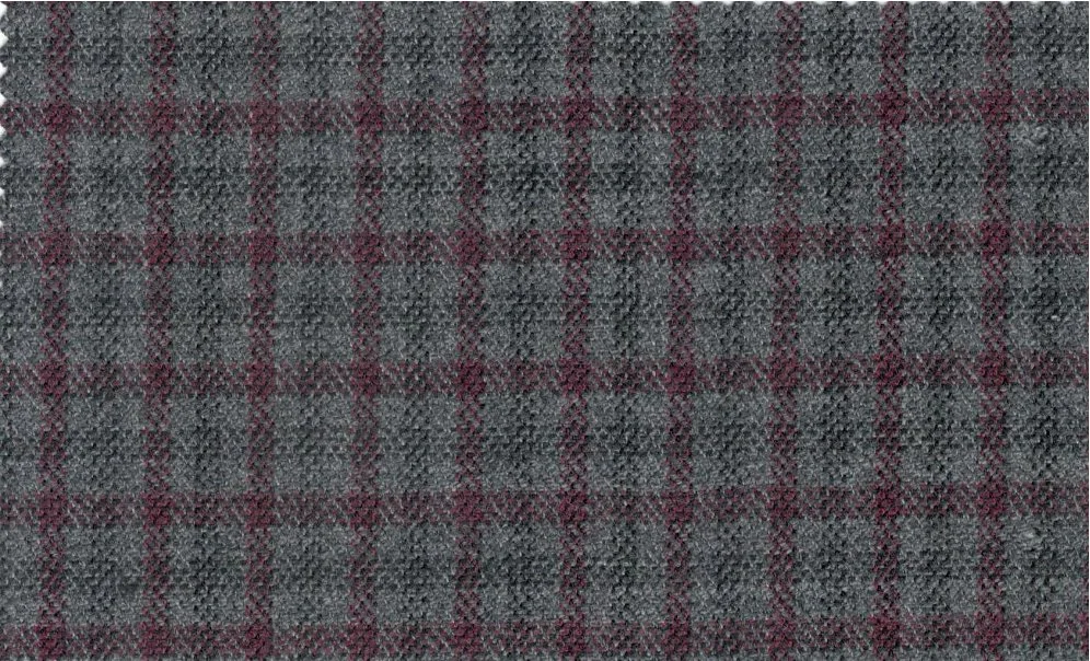 Devonshire Tweeds 30035-195 Grey w/ Wine Check fabric swatch