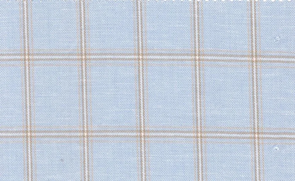 Linen 30176-130 Light Blue w/Tan Windowpane fabric swatch