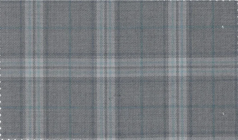 Loro Piana Super 150's 29890-950 Light Grey w/ Teal Check fabric swatch