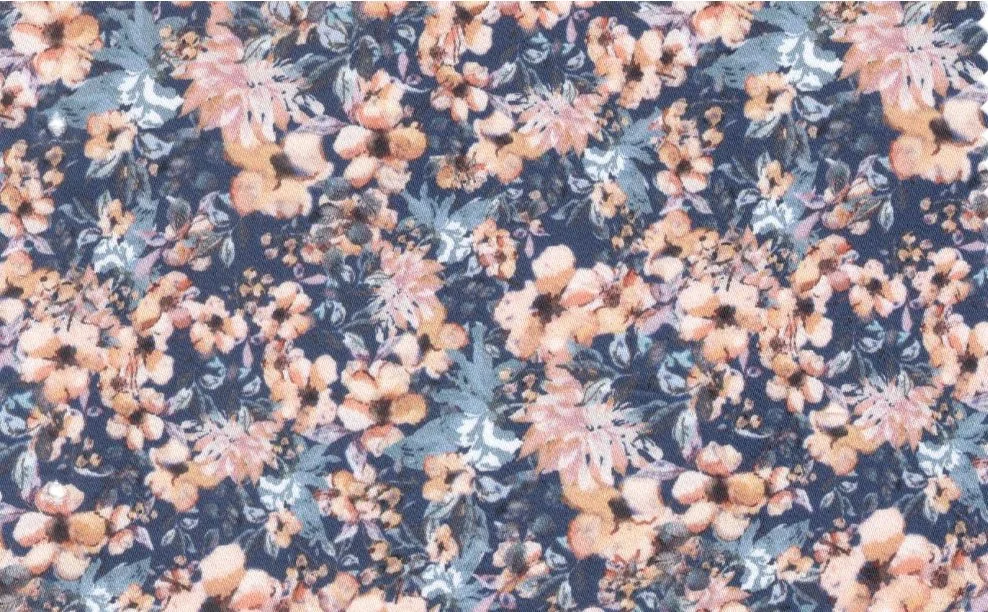 RD Shirting 29611-78 Blue w/ Peach Flowers fabric swatch
